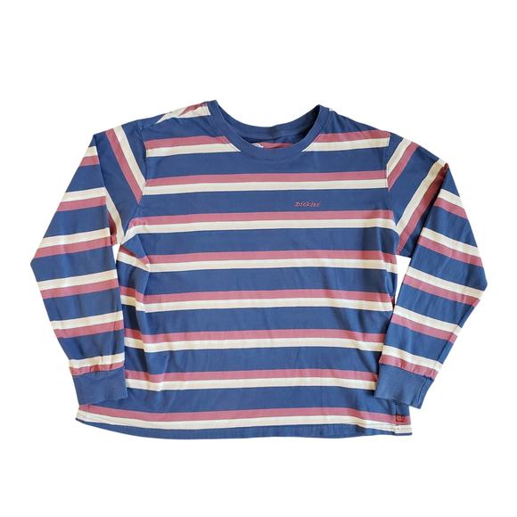 Dickies T Shirt Womens 1X Red Blue Striped Embroidered Retro Long Baby Tee - Picture 1 of 10